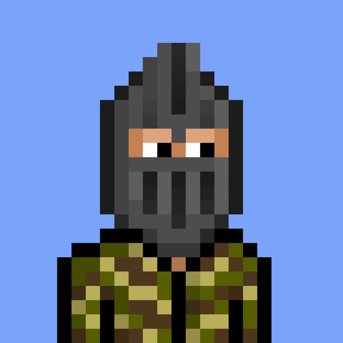 A pixel art portrait of a hooded figure with glowing eyes wearing a camouflage jacket against a blue background. The image appears to be a customized NFT-style avatar representing one of the 20,000 Nakamigos collection characters, personalized as the creator's own unique variation.