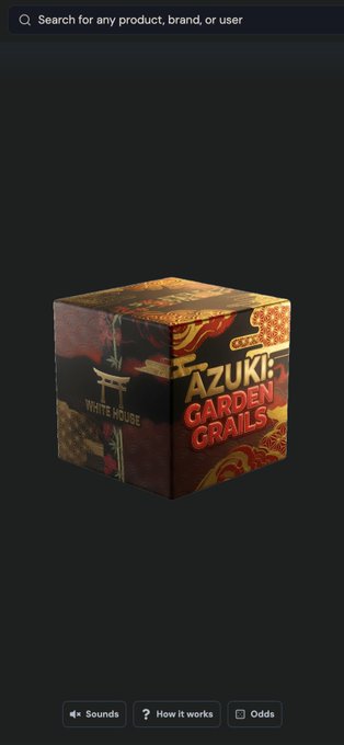 A 3D rendered box labeled 'Azuki: Garden Grails' with Japanese-style artwork featuring torii gates and decorative patterns, displayed on a dark webpage with options for 'Sounds', 'How it works', and 'Odds' at the bottom.