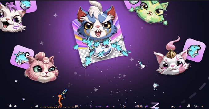 Screenshot from the video game 'Neva' featuring several cartoon cat-like creatures floating around the central character on a purple background with a checkered platform.
