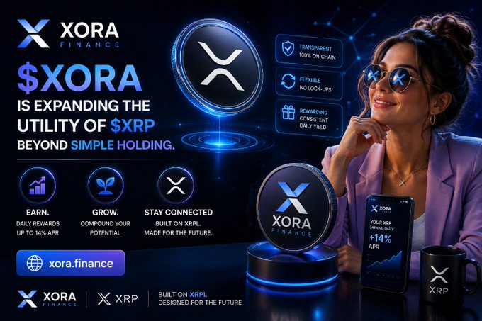 The image is a promotional graphic for XORA Finance, featuring the headline "$XORA is expanding the utility of $XRP beyond simple holding," alongside a smiling woman wearing XRP sunglasses and looking at a phone displaying "YOUR XRP EARNINGS DAILY +14% APR." Icons highlight features like transparent 100% on-chain transactions, flexible no lock-ups, consistent daily rewards, daily yield up to 14% APR, and the platform being built on XRPL.