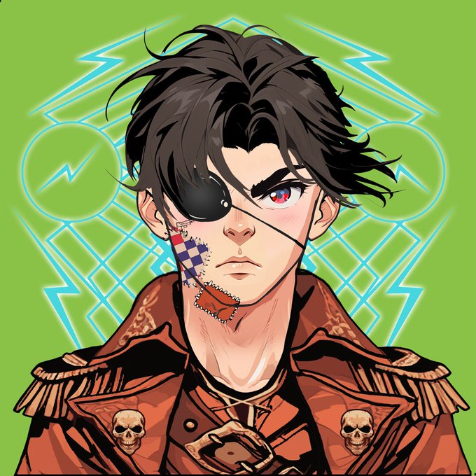 An anime-style portrait of a young man with an eyepatch and a stitched scar featuring a blue checkered pattern, wearing a brown jacket adorned with skulls against a green background with blue lightning bolts.