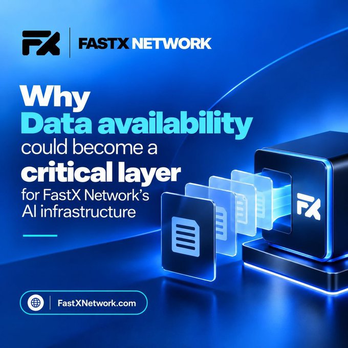 A promotional graphic for 'FASTX NETWORK' with the headline 'Why Data availability could become a critical layer for FastX Network's AI infrastructure', featuring 3D data cards and the URL 'FastXNetwork.com'.