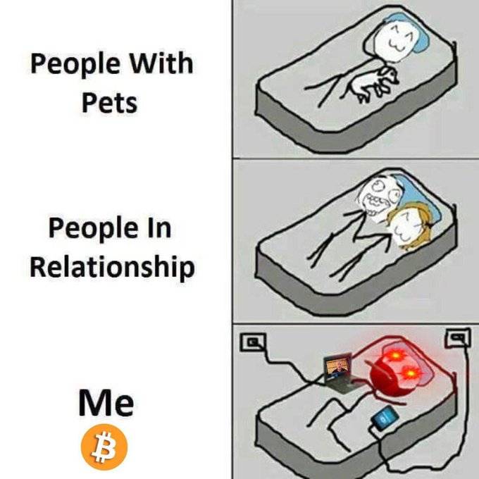 A three-panel meme showing 'People With Pets' sleeping with a dog, 'People In Relationship' sleeping with a partner, and 'Me' sleeping with a Bitcoin mining rig and laptop, with a Bitcoin emoji.