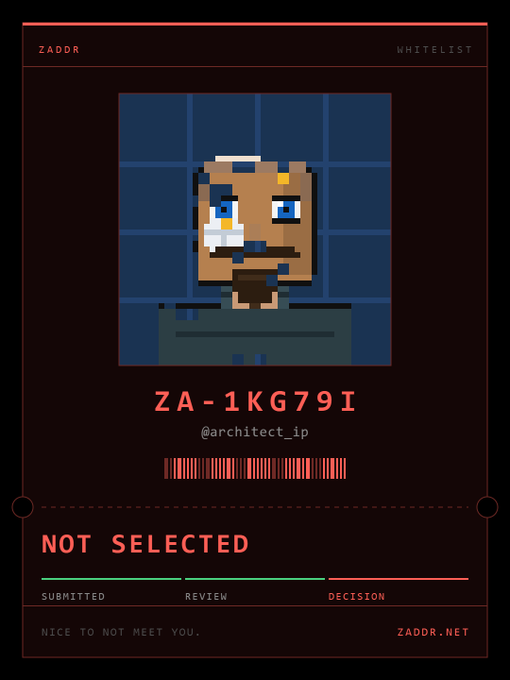 A pixel-art ID card displays 'ZA-1KG79I' with the handle '@architect_ip' and the status 'NOT SELECTED,' branded as ZADDR WHITELIST.
