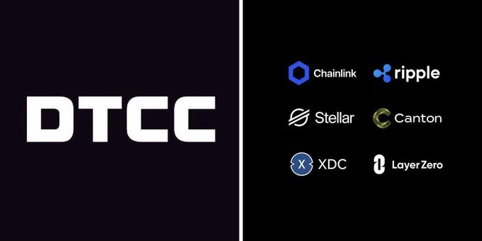 The image features the "DTCC" logo alongside logos for various blockchain platforms, including Chainlink, Ripple, Stellar, Canton, XDC, and LayerZero, suggesting a comparison of their capabilities. This relates to the post by questioning the ability of these blockchain platforms to handle the massive transaction volume of the DTCC.