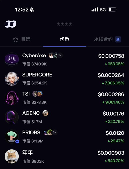 A screenshot of a cryptocurrency app showing a list of meme tokens and their prices, including CyberAxe ($0.000758, +953.05%), SUPERCORE (+7,806.05%), and TSI (+9,081.48%).