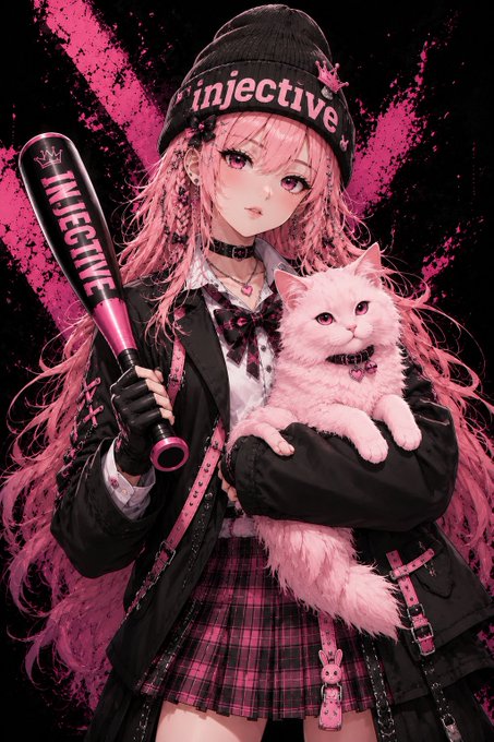 An anime-style girl with pink hair wearing a beanie and sweater labeled "injective" holds a pink bat also branded "injective," while cradling a fluffy pink cat with a spiked collar—styled to promote the Injective Summit in Washington, D.C. and the $INJ token.