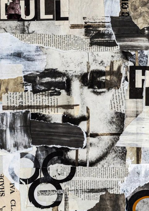 A monochromatic mixed-media collage artwork featuring torn newspaper fragments, bold typography including the letters 'ULL', and abstract black brushstrokes creating textured patterns.