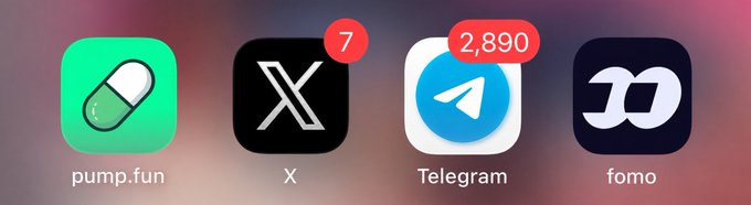 Four iOS app icons are displayed in a row: pump.fun, X (showing 7 notifications), Telegram (showing 2,890 notifications), and fomo, with the post claiming these are the only apps needed to earn six to seven figures by year's end.