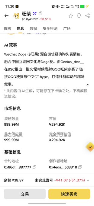 A mobile app screenshot displays a cryptocurrency page for '旺柴' (WeChat Doge) with a price of $0.0,43952, showing a -58.51% change, market cap of ¥294.92K, and AI-generated narrative information.