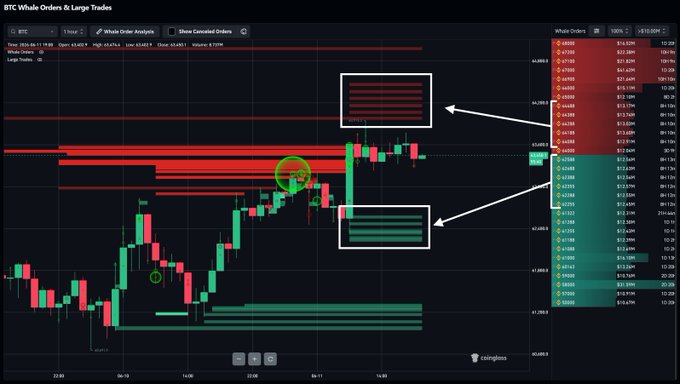 !!!The exact whale has limit orders both above AND below. Upside: 64.1-64.5k Downside: 62.2".