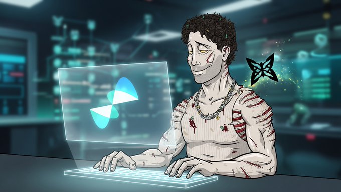 A stylized illustration shows a curly-haired, bruised character with yellow eyes and gold chains typing on a glowing holographic keyboard displaying a butterfly/flower logo, with a black butterfly floating nearby and digital network graphics in the background. The image visually represents the "testnet" work described in the post, with the butterfly icon mirroring the Quip Network logo associated with @quipnetwork's new explanations and optimization job submission.