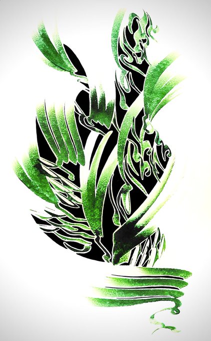 An abstract graphic illustration featuring fluid green brushstrokes intertwined with black shapes and white outlines against a plain background.