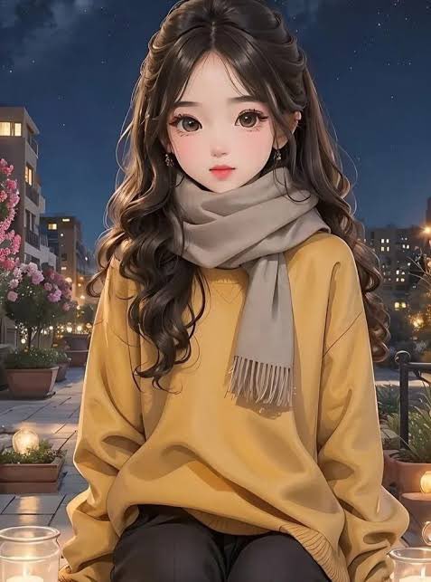 The image features a girl with long brown hair wearing a yellow sweater, sitting down and looking at the camera. The background of the image shows buildings lit up against a dark sky, creating an urban atmosphere. There are also candles visible in the scene, adding to the overall ambiance.