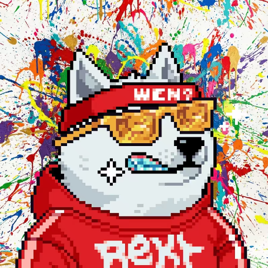 A pixel art illustration of a white cat character wearing yellow sunglasses, a red headband with 'WEH?' text, and a red hoodie with 'PEXT' logo, set against a colorful paint splatter background.