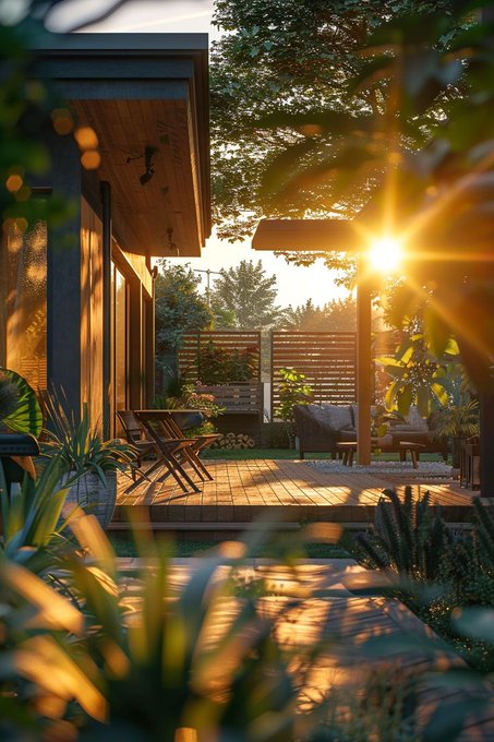 The image shows an outdoor patio area with chairs and tables surrounded by plants and trees. The sun is shining brightly through the trees, creating a warm and inviting atmosphere. In the background, there are potted plants that add greenery to the scene. The focus of the image seems to be on the patio furniture and the surrounding nature, rather than the post itself.