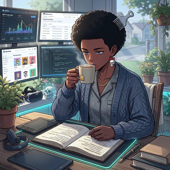An AI-generated illustration of a young man with curly hair drinking from a mug while working at a multi-monitor computer setup showing NFT collections and trading charts, with an open book on the desk.