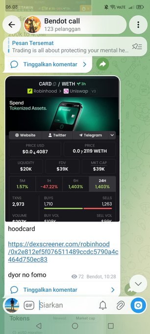 A Telegram chat screenshot showing a promotional message about 'hood card' (CARD/WETH) on Robinhood and Uniswap v3, with price $0.4087, liquidity $20K, and market cap $39K.