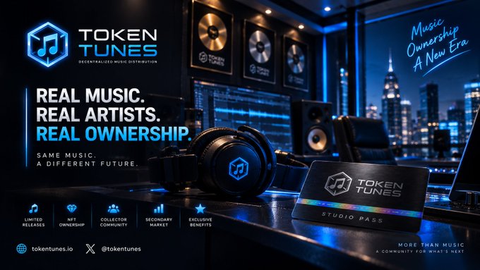 A promotional banner for 'TOKEN TUNES DECENTRALIZED MUSIC DISTRIBUTION' with the tagline 'REAL MUSIC. REAL ARTISTS. REAL OWNERSHIP.', set in a studio environment.