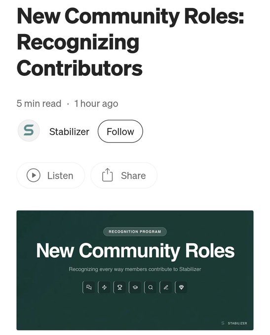 A Substack article header titled 'New Community Roles: Recognizing Contributors' by Stabilizer, with a 5 min read time, and a banner showing various community role icons under 'RECOGNITION PROGRAM'.