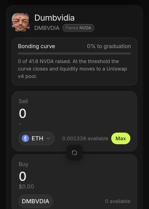 Mobile interface showing a token called 'Dumbvidia' (ticker DMBVDIA), paired with NVDA, showing a bonding curve at 0% to graduation with 0 of 41.6 NVDA raised.