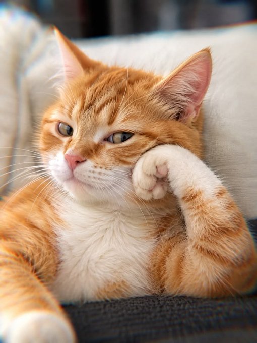 An orange-and-white cat reclines on a couch with one paw raised beside its face, looking toward the camera.