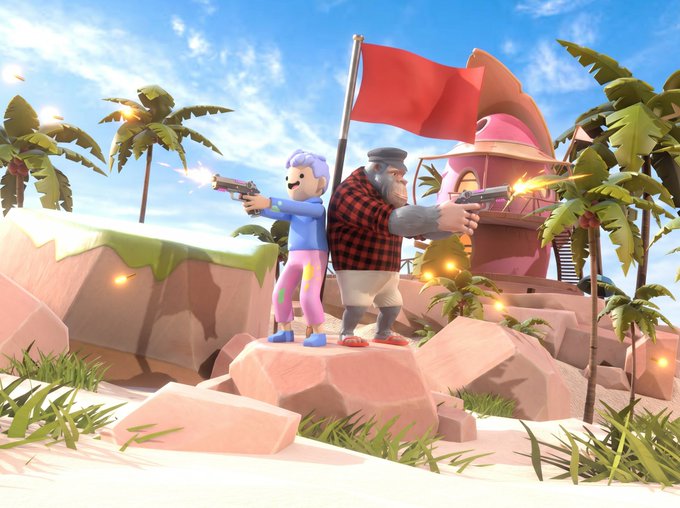 Two NFT characters—a purple-haired Doodle and a plaid-clad GeezOnApe—stand back-to-back on a tropical island, firing pistols beside a red flag as if capturing the scene together. The low-poly, cartoonish art style matches the playful, meme-inspired tone of the post celebrating this crossover collaboration.