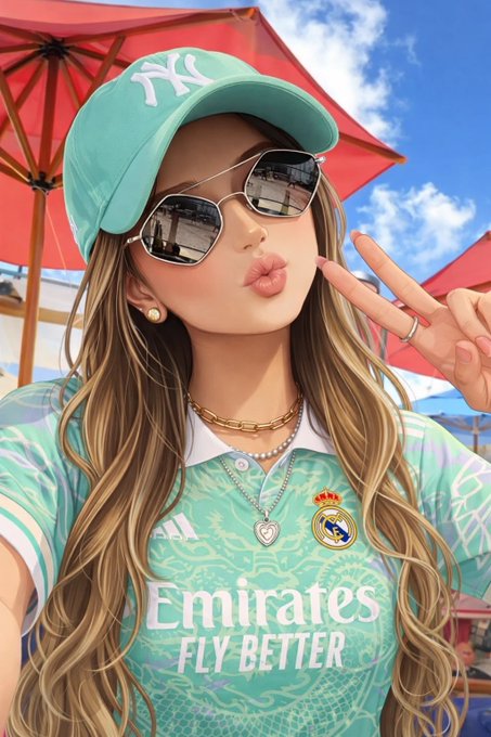 A stylish young woman poses in a turquoise New York Yankees cap and aviator sunglasses, making a peace sign while puckering her lips. She's wearing a mint green Real Madrid jersey featuring the "Emirates FLY BETTER" sponsor and club crest, accessorized with pearl and gold necklaces.

The image pairs with the motivational post by @quipnetwork to embody a confident, "show up and stay curious" energy—sporting both American baseball and Spanish football fandom to represent a global, ambitious mindset ready to tackle the day.