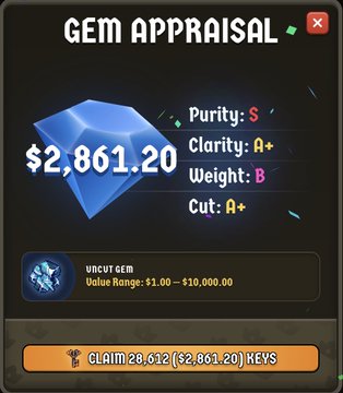 A 'GEM APPRAISAL' screen showing an uncut gem valued at $2,861.20 with S Purity, A+ Clarity, B Weight, and A+ Cut, offering to claim 28,612 keys.