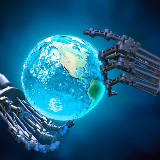A 3D digital rendering showing two robotic metallic hands cradling a glowing blue Earth globe against a dark blue background.