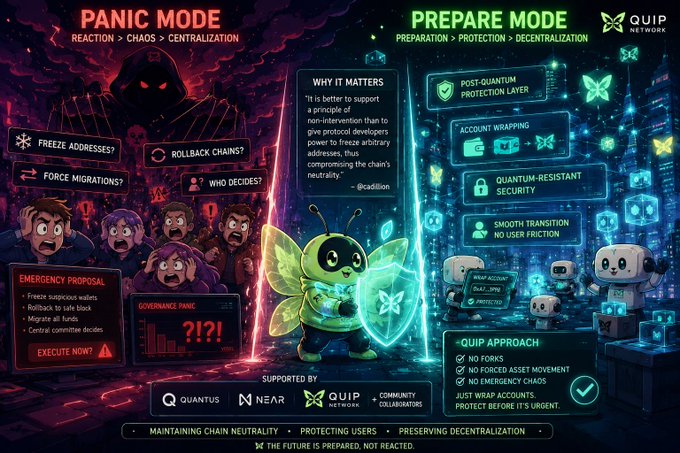 The image features a poster with two different modes, one labeled "PANIC mode" and the other "prepare mode", along with various descriptions of each mode. The poster also includes a character from Quip Network who appears to be a bee wearing a shield, symbolizing protection or security for the network users.

The main focus of the image is on the bee character, which is positioned in front of the modes and their corresponding descriptions. This central figure helps draw attention to the different modes and their purposes within the poster.
