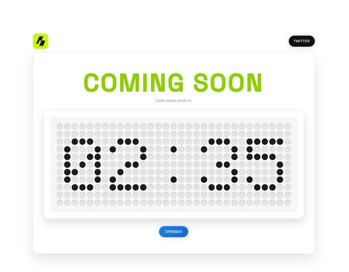A digital graphic displaying 'COMING SOON' in green text above a digital countdown clock made of dots reading '02:13:35', with an 'OPENSEA' button below and a 'TWITTER' tag in the corner.
