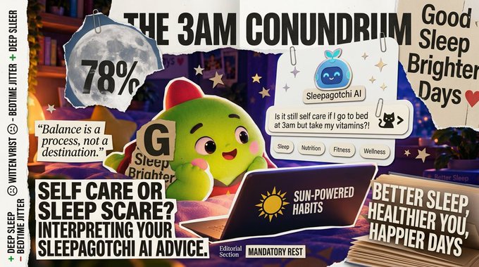 A magazine-style collage titled 'THE 3AM CONUNDRIUM' features a green character called Sleepagotchi AI, with text including '78%', 'Balance is a process, not a destination,' 'SELF CARE OR SLEEP SCARE?', and 'Better Sleep, Brighter Days.'