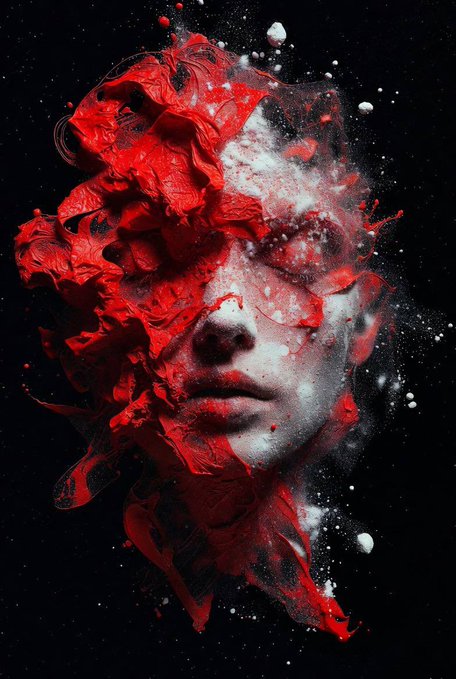 An artistic image of a face shattering or dissolving into red paint and white powder against a black background.