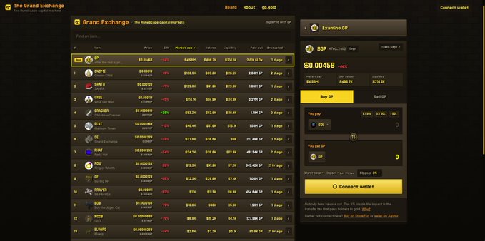 Screenshot of 'The Grand Exchange' decentralized capital markets interface showing token prices (including $GP at $0.00458 with -52%) and a buy/sell trading panel.