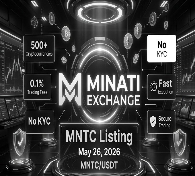 The image features a poster advertising Minati Exchange with a black background and white text. The poster includes various symbols related to cryptocurrency trading, such as Bitcoin and trading pairs like MNTC/USDT. It also displays a clock indicating that there are only a few hours left before the trading pair is listed on the exchange platform at 3:30 PM UTC. The post emphasizes the importance of Minati Exchange in the world of cryptocurrency trading and invites users to sign up for the listing, highlighting its role as the "revolutionary" part of the ecosystem.