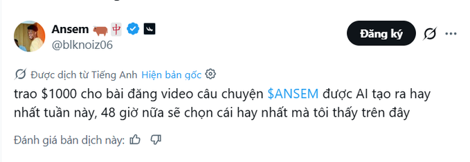 Tweet from user @blkoiz06 (Ansem) in Vietnamese offering $1000 for the best AI-generated video story of $ANSEM, with results in 48 hours.