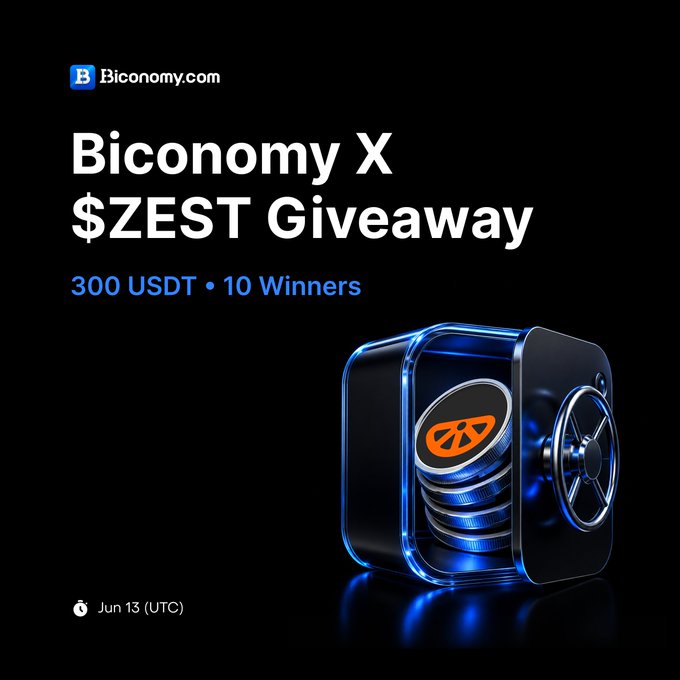 The image features a blue glass box with an orange logo, which appears to be a bank vault or safe. The text "BICONOMY X ZEST GIVEAWAY" is displayed above the box, indicating that there's a contest going on related to the ZEST cryptocurrency exchange. The post also mentions that there are ten winners of this contest who have won 300 USDT each.