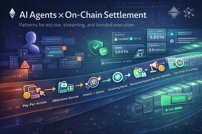 A digital infographic titled 'AI Agents x On-Chain Settlement' illustrating patterns for escrow, streaming, and bonded execution, showing a flow from 'Pay-Per-Action' to 'On-Chain Accounting' with ETH values.