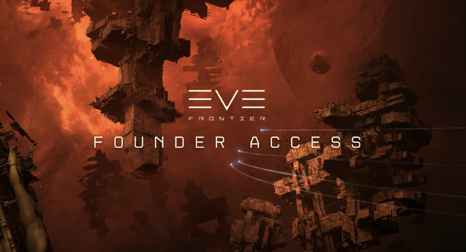 A promotional graphic for the video game EVE Frontier, displaying the text 'EVE FRONTIER' and 'FOUNDER ACCESS' against a backdrop of space stations and a red planet.