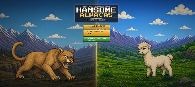 A pixel art game screen titled "HANSOME ALPACAS" displays a fierce orange cougar on the left facing a white alpaca on the right, set against mountainous landscapes, with menu buttons showing "DAILY MINT GENESIS NFT" and "ENTER THE GAME" in the center. The imagery illustrates the post's description of a strategy-based GameFi NFT where players choose factions (Alpacas vs. Cougars) to compete in daily battles for minted coins redeemable for cash.