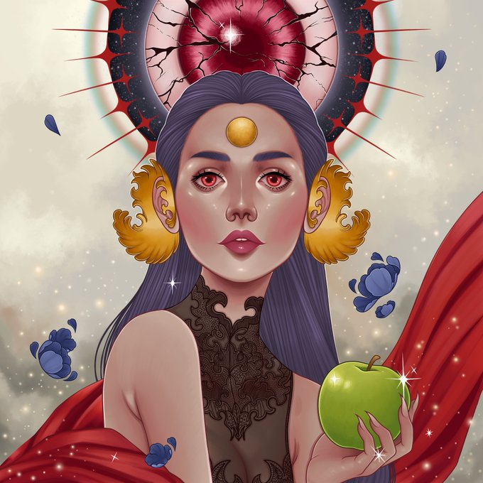 A digital illustration of a mystical woman with long dark hair, a third eye on her forehead, golden ornamental headpieces, and a red cape, holding a green apple against a cosmic backdrop with a large eye and blue roses.