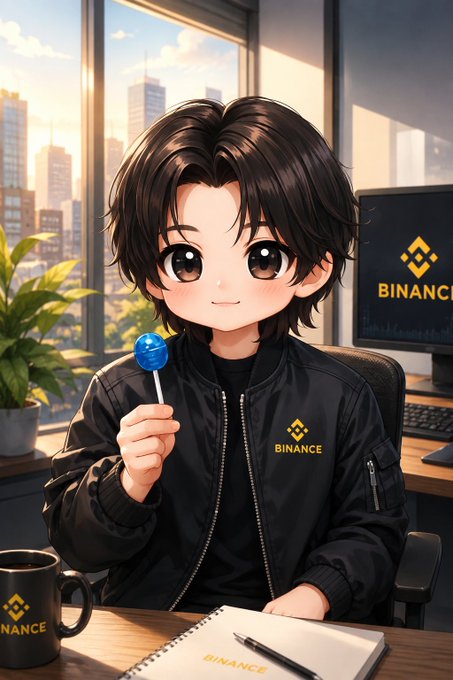 The image features a cartoon girl sitting at a desk, holding a blue lollipop with a smile on her face. She is wearing a black jacket that has "Binance" written on it. The background of the image shows a window overlooking a cityscape and buildings under a clear sky. There are also two cups in the scene - one near the girl's chair and another further away from the main subject, possibly containing coffee or tea for her to enjoy while she works at her desk.