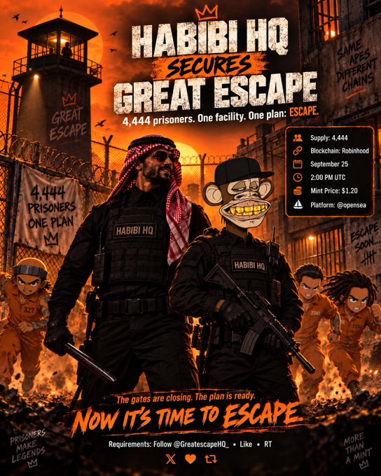 A promotional poster for 'HABIBI HQ SECURES GREAT ESCAPE' features a prison break theme with armed characters and details: 4,444 supply, Robinhood blockchain, September 25, 2:00 PM UTC, mint price $1.20 on @opensea.
