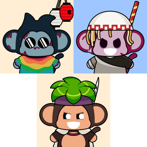 Three cartoon monkey characters displayed in a collage: a blue monkey with sunglasses and a rainbow shirt, a purple monkey with a bandana and blonde hair, and a brown monkey wearing a green leafy hat.