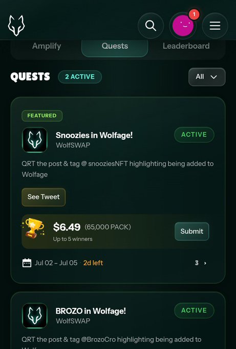 The user wants a concise caption describing the image and its relation to the provided text.

**1. Analyze the image:**
- **Context:** It's a screenshot of a mobile app interface, specifically the "Quests" section.
- **Key Elements:**
    - Header: "Quests", "2 ACTIVE".
    - Featured Quest 1: "Snoozies in Wolfage!" by WolfSWAP.
    - Details for Quest 1:
        - Action: "QRT the post & tag @snooziesNFT highlighting being added to Wolfage".
        - Reward: "$6.49 (65,000 PACK)".
        - Status: "ACTIVE".
        - Dates: "Jul 02 - Jul 05", "2d left".
    - Featured Quest 2: "BROZO in Wolfage!" by WolfSWAP (partially visible at the bottom).
- **