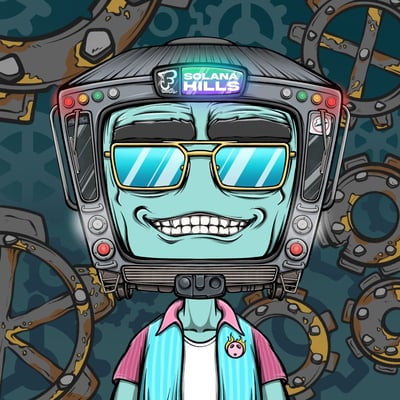 A cartoon mascot for 'Solana Kills' featuring a TV-headed character with sunglasses and a wide grin, set against a background of casino chips.