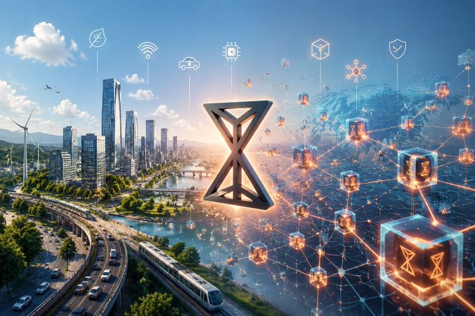 The image depicts a futuristic cityscape split between traditional urban infrastructure (highways, trains, skyscrapers) on the left and a glowing digital blockchain network of interconnected orange cubes on the right, with a prominent metallic "X" or hourglass-shaped central emblem symbolizing the bridge between physical and digital worlds. This visual metaphor aligns with the post's message about blockchain performance metrics, illustrating how focusing on surface-level TPS (transactions per second) overlooks the deeper architectural network structure—much like judging a city solely by its visible infrastructure without understanding its underlying digital backbone.