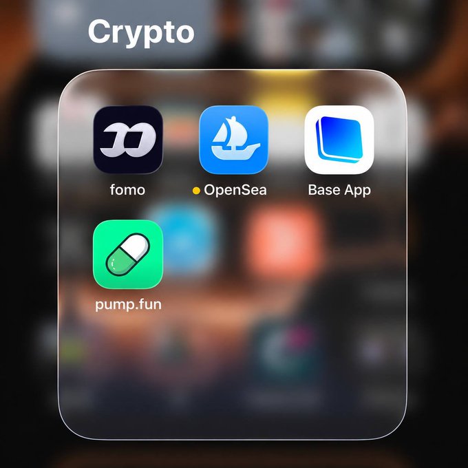 A smartphone home screen showing a 'Crypto' folder containing four app icons: fomo, OpenSea, Base App, and pump.fun.