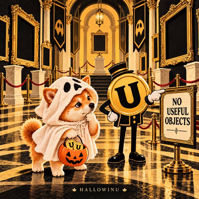 A Halloween-themed digital illustration features a Shiba Inu dog in a ghost costume holding a pumpkin bucket with 'UU' lettering, standing next to a coin-headed character pointing to a 'NO USEFUL OBJECTS' sign in an opulent golden gallery, branded 'HALLOWINU'.